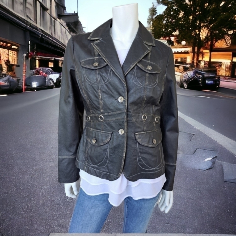 Fabric life faded leather women's jacket coat black leather women's Size M